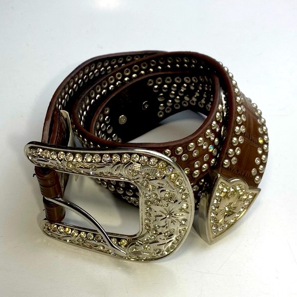 Nocona Y2K Vintage Bling Brown Silver Rhinestones Iridescent Jewel Vintage Belt - Picture 2 of 16
